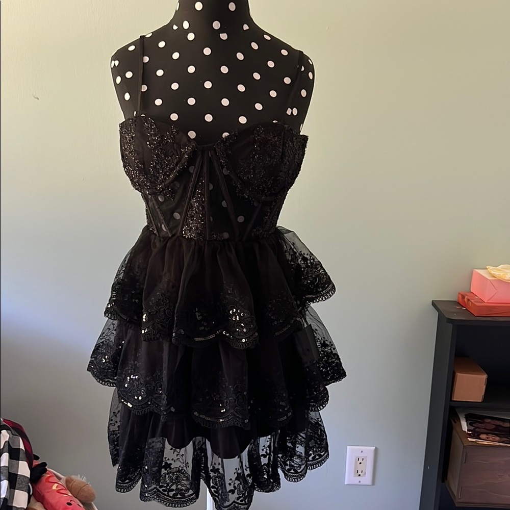 NWT LULUS Elegant Black see through mesh top dress - Picture 2 of 8
